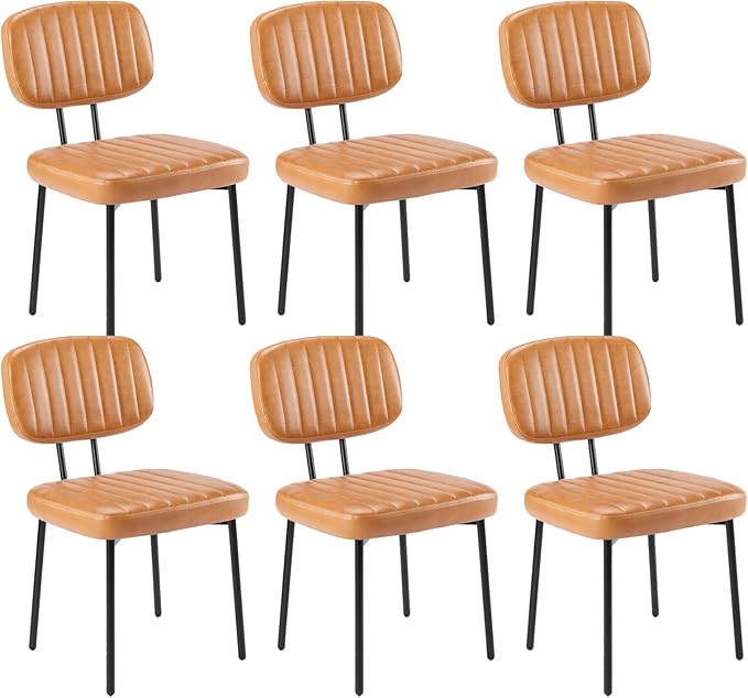 Sweetcrispy Dining Chairs Set of 6, Upholstered Mid Century Modern Kitchen Dining Room Accent Chairs with Faux Leather Cushion Seat & Metal Legs for Kitchen, Living Room - Brown - LeafyLoom