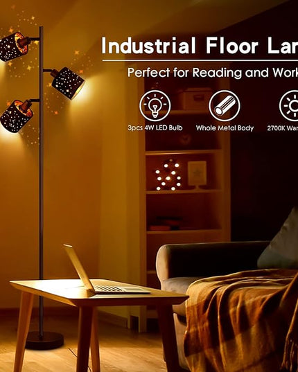 Industrial Floor Lamp, Tree Standing Lamp for Bedroom with Adjustable 3-Lights, 4W E12 LED Bulbs, Modern Stand Up Lamp, Metal Tall Rustic Pole Lamp, Vintage Farmhouse Floor Lamp for Living Room, Black - LeafyLoom