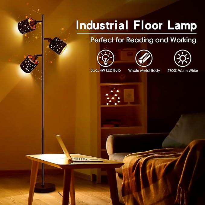 Industrial Floor Lamp, Tree Standing Lamp for Bedroom with Adjustable 3-Lights, 4W E12 LED Bulbs, Modern Stand Up Lamp, Metal Tall Rustic Pole Lamp, Vintage Farmhouse Floor Lamp for Living Room, Black - LeafyLoom