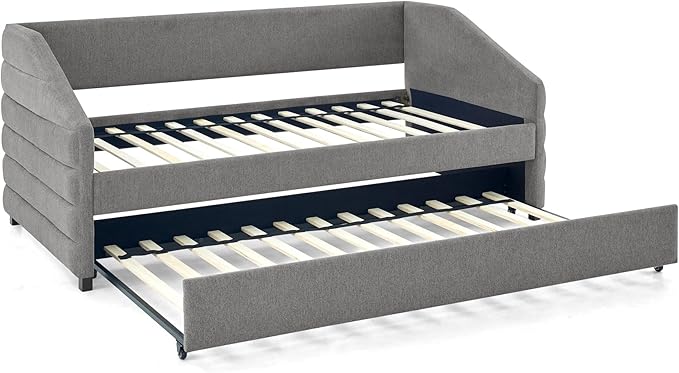 Twin Size Linen Upholstered Daybed with Trundle, Solid Wooden Bedframe w/Pull Out Bed and Tufted Decorate, No Box Spring Needed, for Kids, Bedroom, Dorm, Grey-1 - LeafyLoom