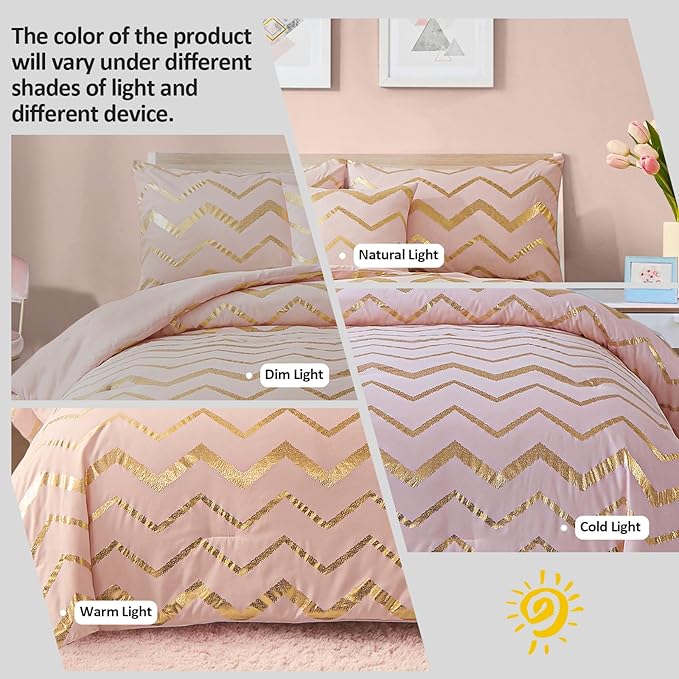 Pink Comforter Set Queen Size, Metallic Blush and Rose Gold Bedding Set, 4 Piece Lightweight Microfiber Bed Set for Teen Girls Women (2 Pillow Shams + 1 Decorative Pillow Sham) - LeafyLoom