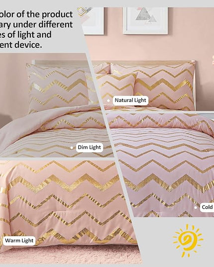 Pink Comforter Set Twin Size, Metallic Blush and Rose Gold Bedding Set, 3 Piece Lightweight Microfiber Comforter for Teen Girls Women (1 Pillow Sham + 1 Decorative Pillow Sham) - LeafyLoom