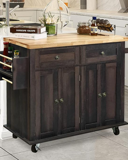 NSdirect Kitchen Island Cart,Kitchen Bar&Serving Cart Rolling on Wheels with Spice Rack Towel Holder Utility Storage Trolley with Storage Drawers for Home Hotel Kitchen Dinning Room (Dark Brown) - LeafyLoom