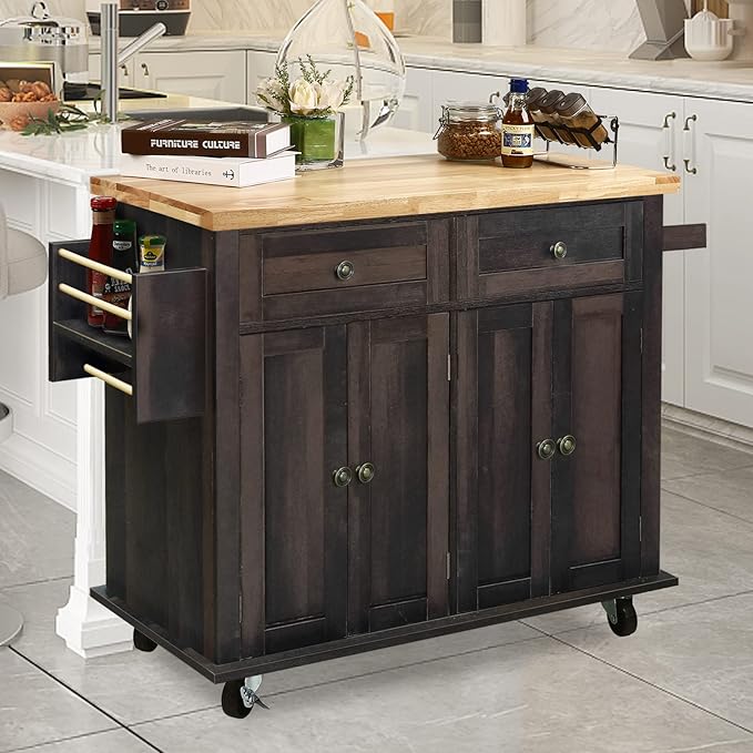 NSdirect Kitchen Island Cart,Kitchen Bar&Serving Cart Rolling on Wheels with Spice Rack Towel Holder Utility Storage Trolley with Storage Drawers for Home Hotel Kitchen Dinning Room (Dark Brown) - LeafyLoom