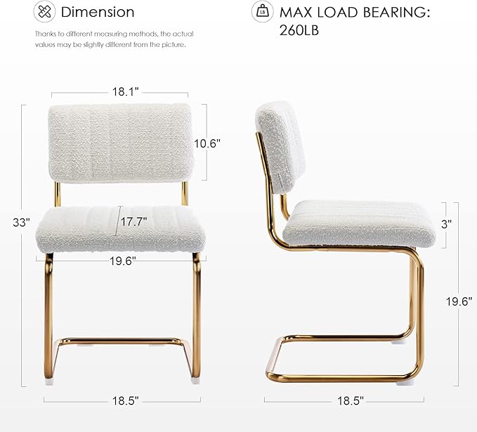 Zesthouse Mid Century Dining Chairs Set of 2, White Boucle Dining Room Chairs with Gold Legs, Upholstered Armless Accent Chairs Side Chairs for Living Room - LeafyLoom