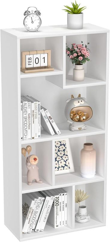 VECELO 42" Modern White Bookshelf, 7 Cube Organizer Bookcase,Fits Tallest Hardcovers, Horizontal Available,Floor Standing Display,Easy Assembly, Pearl White - LeafyLoom