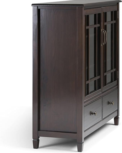SIMPLIHOME Connaught SOLID WOOD 46 Inch Wide Traditional Tall Storage Cabinet in Dark Chestnut Brown, For the Living Room, Entryway and Family Room - LeafyLoom