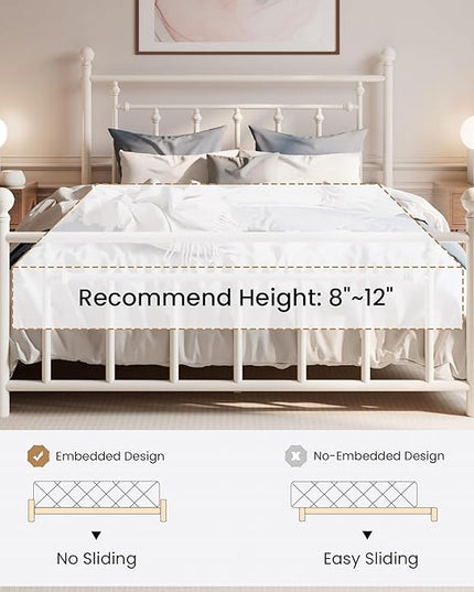SHA CERLIN 14'' Full Size Metal Platform Bed Frame/Victorian Headboard and Footboard/Steel Slats Mattress Foundation for Storage/No Box Spring Needed/Noise Free/Off-White - LeafyLoom