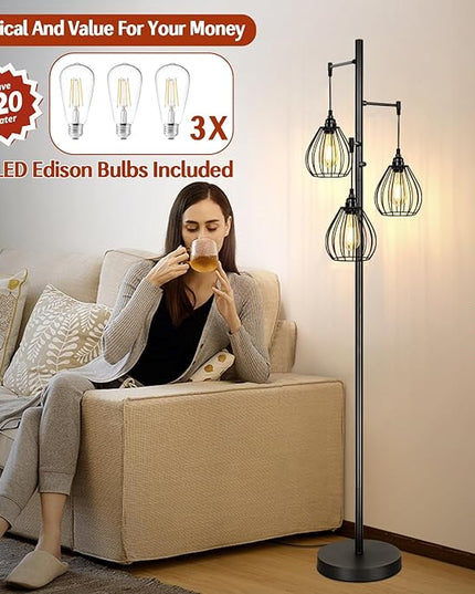 Dimmable Floor Lamp, Farmhouse Industrial Standing Lamp with 3 PCS 7W LED Edison Bulbs & 3 Light Elegant Teardrop Cage Heads, Black Rustic Tree Tall Vintage Pole Lamps for Living Room Bedroom Office - LeafyLoom