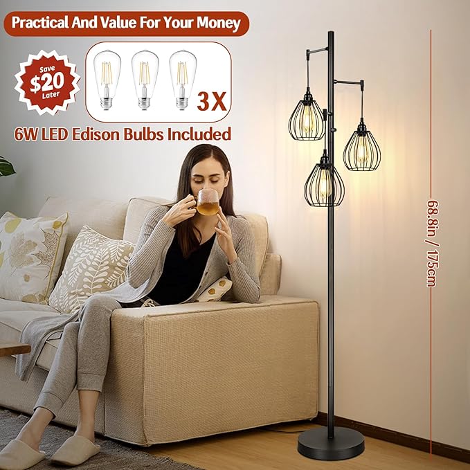 Dimmable Floor Lamp, Farmhouse Industrial Standing Lamp with 3 PCS 7W LED Edison Bulbs & 3 Light Elegant Teardrop Cage Heads, Black Rustic Tree Tall Vintage Pole Lamps for Living Room Bedroom Office - LeafyLoom
