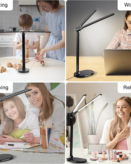 Doule Head Desk Lamp, Dimmable Desk Light, Adjustable Reading Lamps, Eye-Caring Table Lamp, Multi-Angle Adjustable and Foldabel Design Table Lamp - Black - LeafyLoom