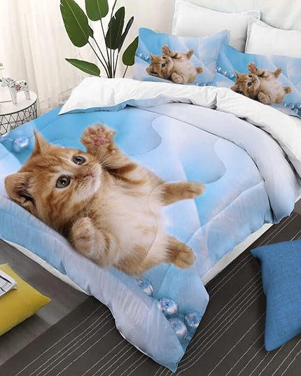 Cat Comforter Set Twin Size for Kids Blue Cat 3Pcs Bedding Set for boys and Girls (1Summer Comforter+ 2 Pillowcases) Lovely Animal Pets Duvet Set - LeafyLoom