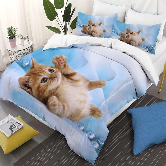 Cat Comforter Set Twin Size for Kids Blue Cat 3Pcs Bedding Set for boys and Girls (1Summer Comforter+ 2 Pillowcases) Lovely Animal Pets Duvet Set - LeafyLoom