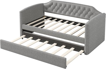 Merax Twin Size Upholstered Daybed with Trundle Bed, Linen Fabric Tufted Wooden Sofa Bed Frame for Living Room, Guest Room, Bedroom, Grey - LeafyLoom