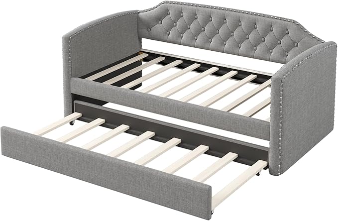 Merax Twin Size Upholstered Daybed with Trundle Bed, Linen Fabric Tufted Wooden Sofa Bed Frame for Living Room, Guest Room, Bedroom, Grey - LeafyLoom