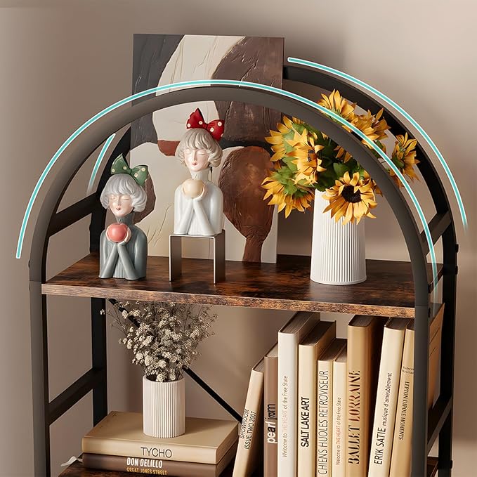 5-Tier Bookshelf, 24 Inch Width Industrial Arched Bookcase, Vintage Storage Rack with Open Shelves, Free Standing Shelf for Home Office, Living Room,Bedroom, Rustic Brown - LeafyLoom
