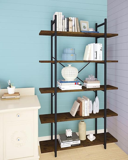 5 Tiers Bookshelf Organizer Industrial shelf,Modern Open Display Storage Bookcase,Rustic Brown and Metal Bookshelf Standing Storage Shelf Tall Shelving Units for Home Office Study. - LeafyLoom