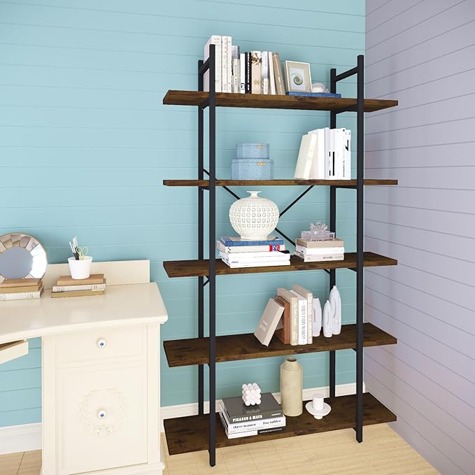 5 Tiers Bookshelf Organizer Industrial shelf,Modern Open Display Storage Bookcase,Rustic Brown and Metal Bookshelf Standing Storage Shelf Tall Shelving Units for Home Office Study. - LeafyLoom