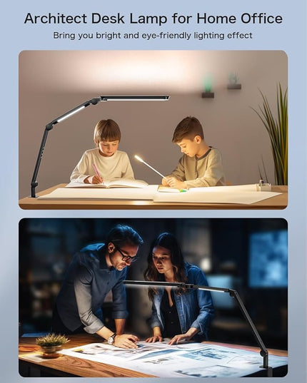 Sky LED Desk Lamp with Remote Control - Three Light Sources・24W・Ajustable Atmosphere Lighting - Flexible Swing Arm, 4 Color Modes & 4 Brightness, Architect Desk Lamp with Clamp for Home Office - LeafyLoom