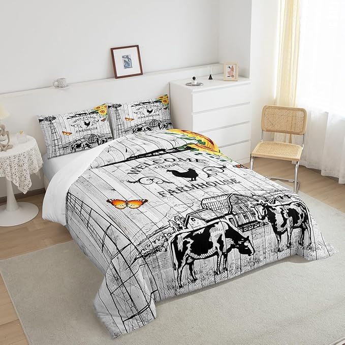 Farmhouse Windmill Comforter Set Full Size Rustic Farm Barn Door Bedding Comforter Sets for Cowboy Cowgirl, Vintage Western Cow Gifts Bedding Room Decor Butterfly Sunflowers Wooden Plank Duvet Insert - LeafyLoom