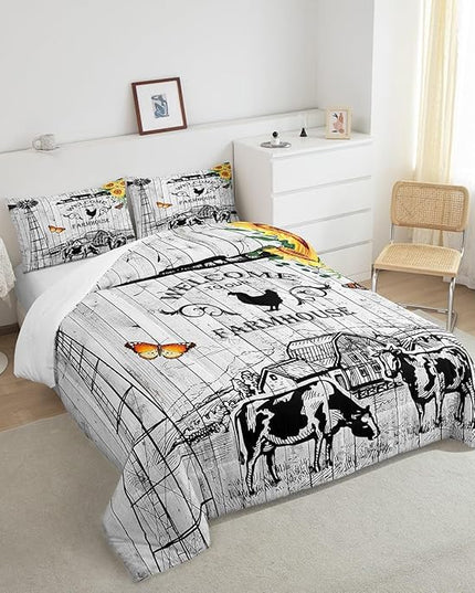 Erosebridal Windmill Bedding King Size, Rustic Farmhouse Comforter Set Retro Vintage Windmill Bedding Comforter Sets, Wooden Planks Barn Door Down Comforter with 2 Pillowcases for All Season - LeafyLoom