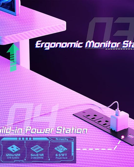 armocity Pink Gaming Desk with Shelves and Power Outlets, L Shaped Gaming Desk with LED Lights, Reversible L Shaped Computer Desk for Gaming, Gamer Desk with Monitor Stand, 47" - LeafyLoom