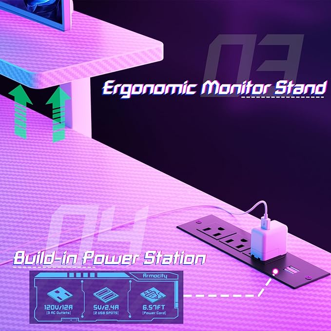 armocity Pink Gaming Desk with Shelves and Power Outlets, L Shaped Gaming Desk with LED Lights, Reversible L Shaped Computer Desk for Gaming, Gamer Desk with Monitor Stand, 47" - LeafyLoom