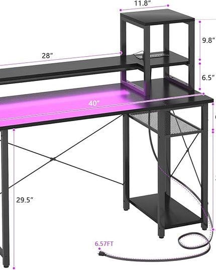 armocity 2024 Upgrade Gaming Desk with LED Lights, Small Computer Desk with Long Monitor Stand, 40'' Reversible Laptop Table with Storage Shelves, Small Desk for Small Spaces, Gaming Room, Black - LeafyLoom