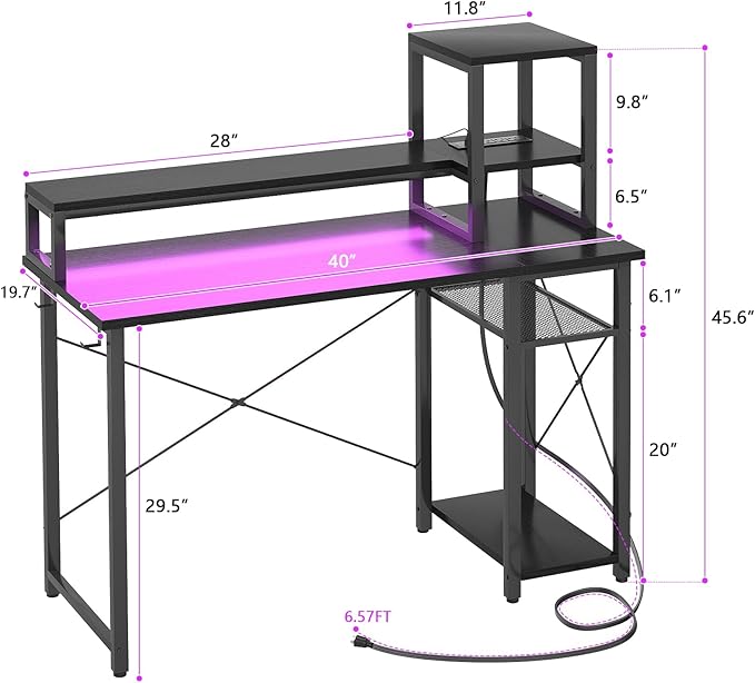 armocity 2024 Upgrade Gaming Desk with LED Lights, Small Computer Desk with Long Monitor Stand, 40'' Reversible Laptop Table with Storage Shelves, Small Desk for Small Spaces, Gaming Room, Black - LeafyLoom
