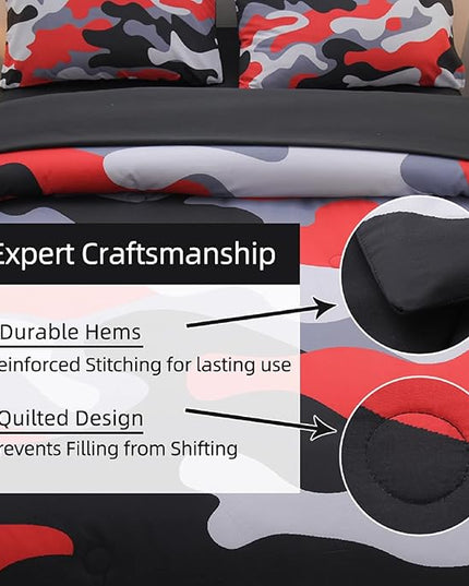 Meeting Story Camouflage Bedding Set, Colorful Pattern Style Comforter Set, 5 PCS One Comforter Two Pillowcases Two Sheets in One Bag, All Season Bedspread for Teens Adults (Red-Black, Full 5Pcs) - LeafyLoom