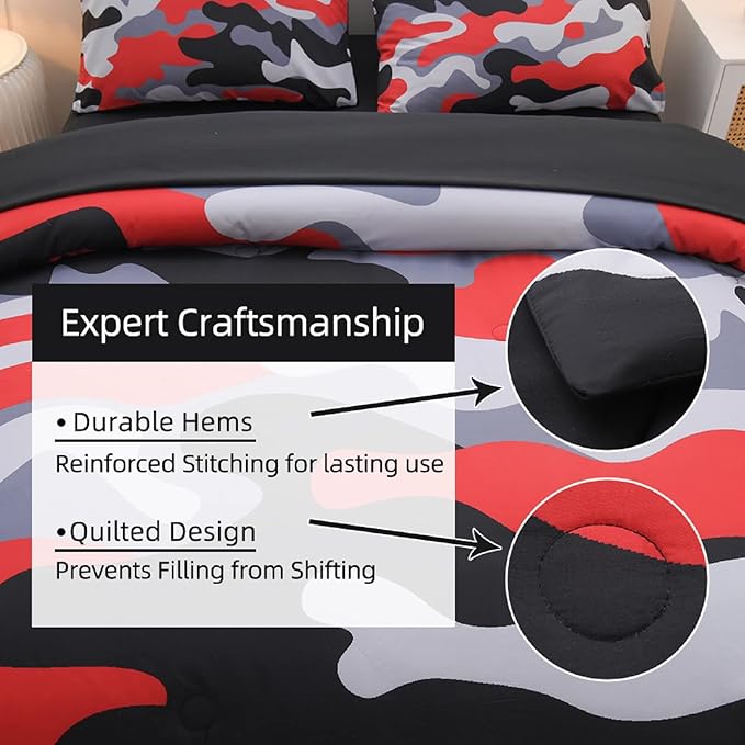 Meeting Story Camouflage Bedding Set, Colorful Pattern Style Comforter Set, 5 PCS One Comforter Two Pillowcases Two Sheets in One Bag, All Season Bedspread for Teens Adults (Red-Black, Full 5Pcs) - LeafyLoom