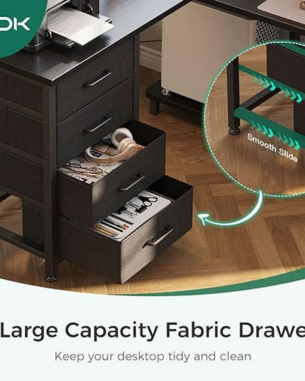 AODK L Shaped Desk with 4 Tier Drawers, 61" Reversible Gaming Desk with Power Outlets, L Shaped Computer Desk with USB Charging Port and Host Stand, Home Office Corner Desk, Easy to Assemble, Black - LeafyLoom