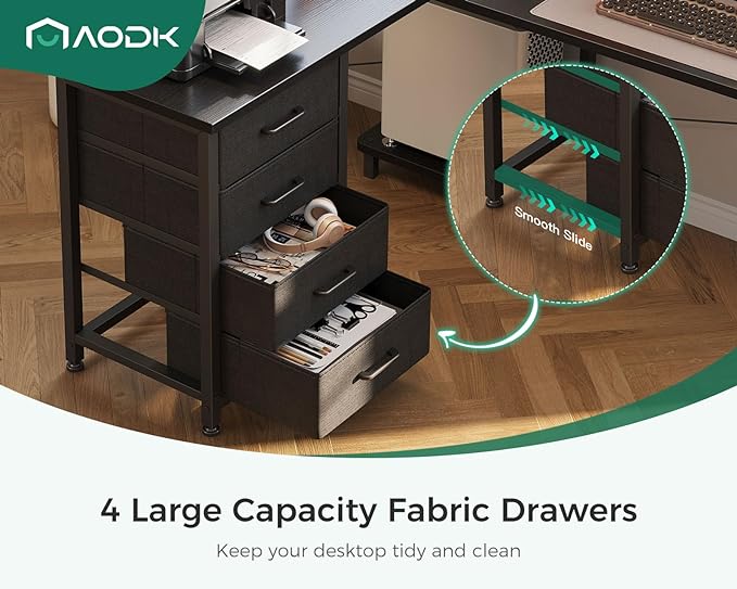 AODK L Shaped Desk with 4 Tier Drawers, 61" Reversible Gaming Desk with Power Outlets, L Shaped Computer Desk with USB Charging Port and Host Stand, Home Office Corner Desk, Easy to Assemble, Black - LeafyLoom