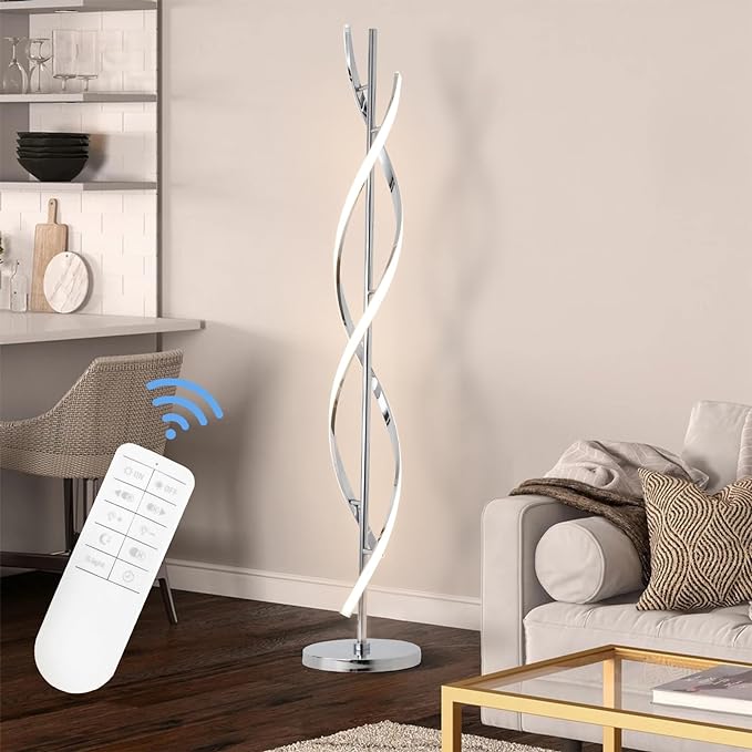 ADISUN 40W LED Modern Floor Lamp Remote Control Dimmable Spiral Floor Lamp Indoor Tall Lamp Floor Lamp for Living Rooms Family Rooms Bedrooms Offices Lighting (Silver) - LeafyLoom