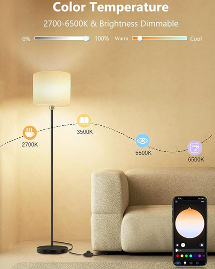 Floor lamp for living Room Compatible with Alexa & Google, White Linen Lamp Shade LED Bright Tall Standing Smart Floor Lamp with Remote for Bedroom Office, Modern Color Changing Dimmable WiFi Light. - LeafyLoom