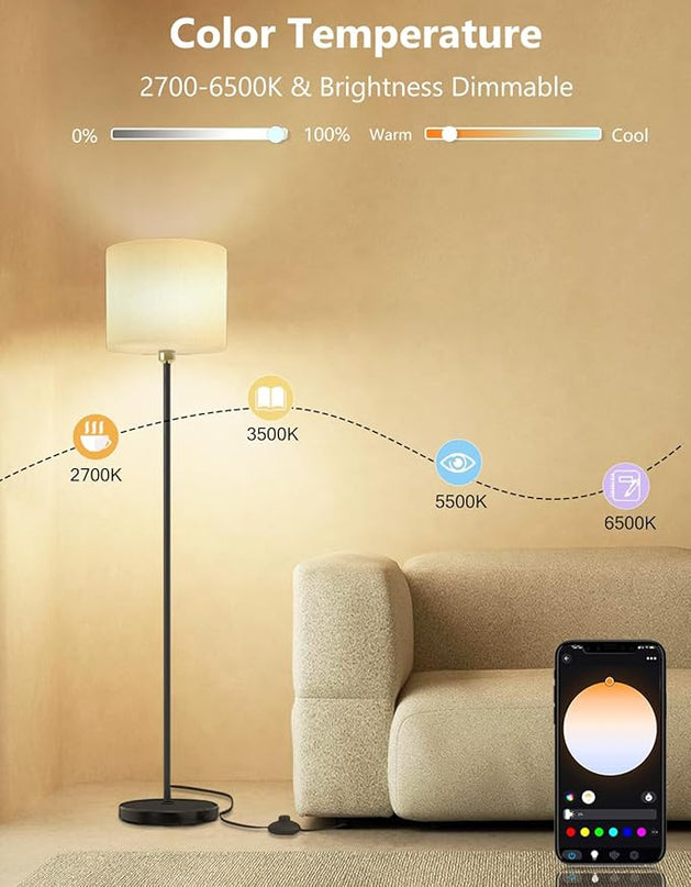 Floor lamp for living Room Compatible with Alexa & Google, White Linen Lamp Shade LED Bright Tall Standing Smart Floor Lamp with Remote for Bedroom Office, Modern Color Changing Dimmable WiFi Light. - LeafyLoom