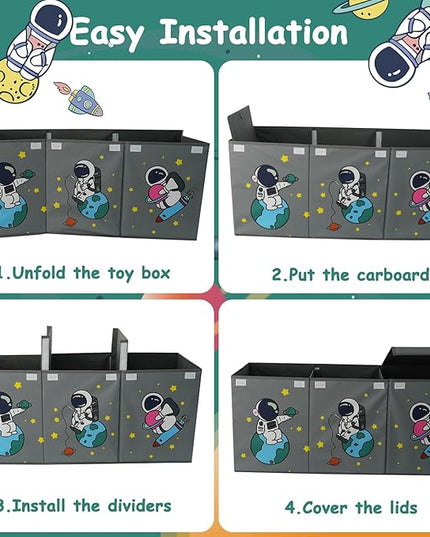 Large Toy Box Storage Organizer,Sturdy Toys Storage Chest Bin Basket with Dividers and Lids for Toddlers,Boys,Girls,Nursery,Closet,Living Room Area,Playroom(Grey Astronaut) - LeafyLoom