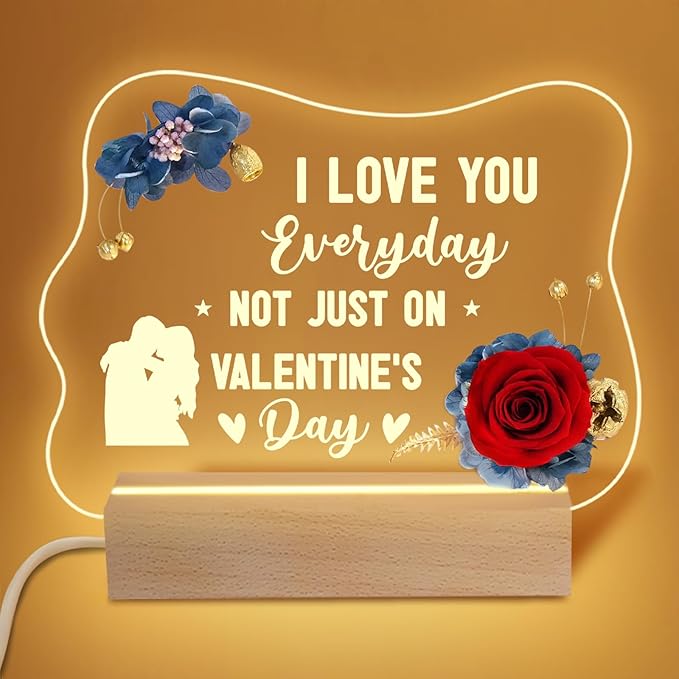 Yamonic Valentines Day Gifts for Her, Handmade Acrylic Plaque with Eternal Real Rose, Night Light with Preserved Rose Romantic Gifts for Girlfriend Wife Women (Valentine's Day) - LeafyLoom