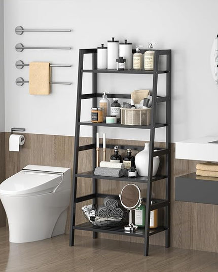Homykic Bamboo Bookshelf 4-Tier Ladder Shelf, 49.2” Freestanding Open Bookcase Book Shelf Bathroom Storage Shelf Unit Plant Stand for Small Space, Living Room, Bedroom, Home Office, Black - LeafyLoom