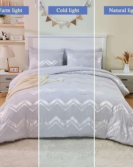 Wowelife 7 Pieces Silver Grey Comforter Set Queen Size Glitter Foil Gray Bedding Set Full Kids Bedroom Comforter Sets with Comforter, Flat Sheet, Fitted Sheet, 2 Pillowcases and 2 Pillow Shams - LeafyLoom