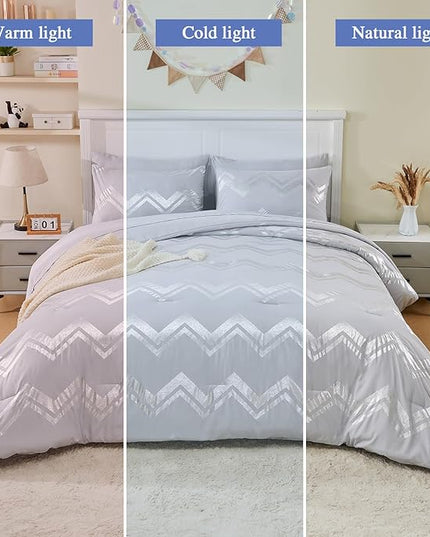 Wowelife Gray Comforter King Size 7 Pieces Silver Glitter Kids Bedding Set Bed in a Bag for Girls with Comforter, Flat Sheet, Fitted Sheet and 2 Pillowcases - LeafyLoom
