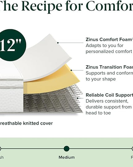 ZINUS 12 Inch Foam and Spring Hybrid Mattress [New Version], Twin, Fiberglass free, Medium Firmness, Durable Support, Certified Safe Foams & Fabric, Mattress in A Box - LeafyLoom