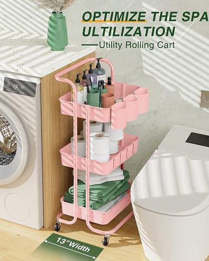 3-Tier Rolling Mobile Utility Cart with Hanging Cups & Hooks & Handle Multifunctional Organizer Storage Trolley Service Cart with Wheels Easy Assembly for Office, Bathroom, Kitchen(Pink) - LeafyLoom