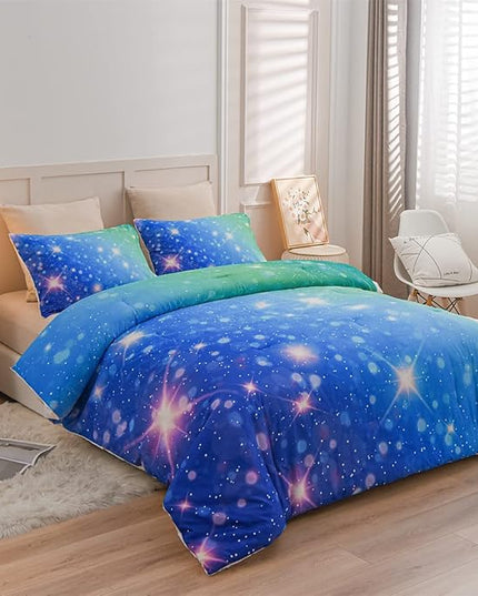 Holawakaka Kids Space Star Glitter Comforter Set Ombre Blue & Green Print Gradient Bedding Set Twin Size(Blue Green, Twin) - LeafyLoom