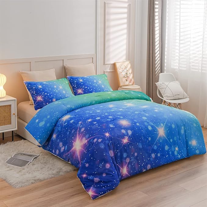 Holawakaka Kids Space Star Glitter Comforter Set Ombre Blue & Green Print Gradient Bedding Set Twin Size(Blue Green, Twin) - LeafyLoom