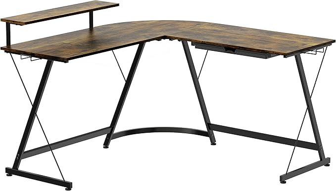 SHW Vista L-Shape Desk with Monitor Stand, Rustic Brown - LeafyLoom