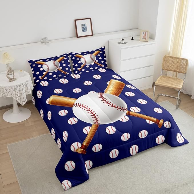 Baseball Comforter Set Sports Bedding Set Ball Comforter for Kids Boys Girls Baseball Games Blue Duvet Set Room Decor Quilt Baseball Bat Print Full Size Boys - LeafyLoom