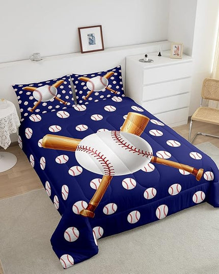 Baseball Comforter Set Sports Theme Bedding Set 3D Ball Pattern Comforter for Children Kids Boys Girls Microfiber Baseball Games Blue Duvet Set Room Decor Quilt Set Baseball Bat Print King Size - LeafyLoom