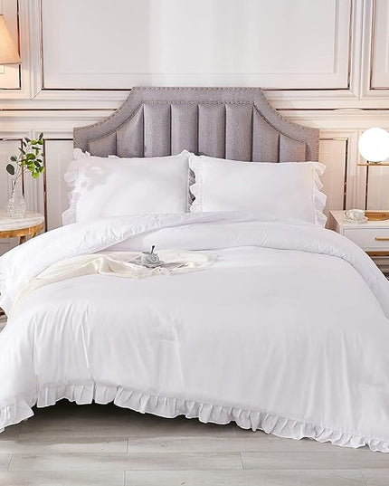 Andency White California King Comforter Set, 3 Pieces Shabby Chic Ruffle Solid Cal King Bedding Sets, Oversized All Season Soft Lightweight Down Alternative Bed Set for Adults Men Women - LeafyLoom