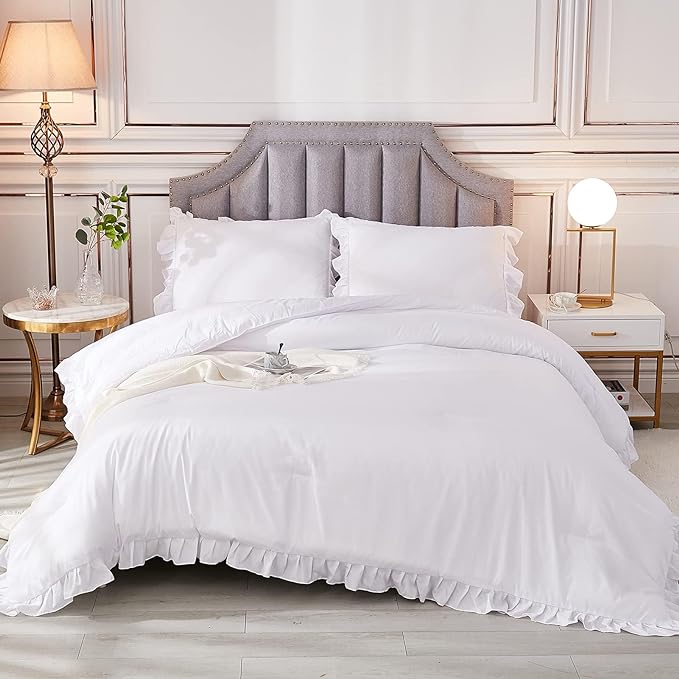 Andency White California King Comforter Set, 3 Pieces Shabby Chic Ruffle Solid Cal King Bedding Sets, Oversized All Season Soft Lightweight Down Alternative Bed Set for Adults Men Women - LeafyLoom